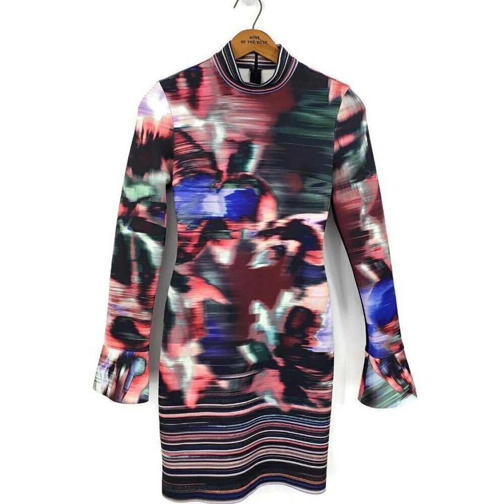 New Clover Canyon Floral Ikat Dress Womens XS Bell Sleeves Bodycon